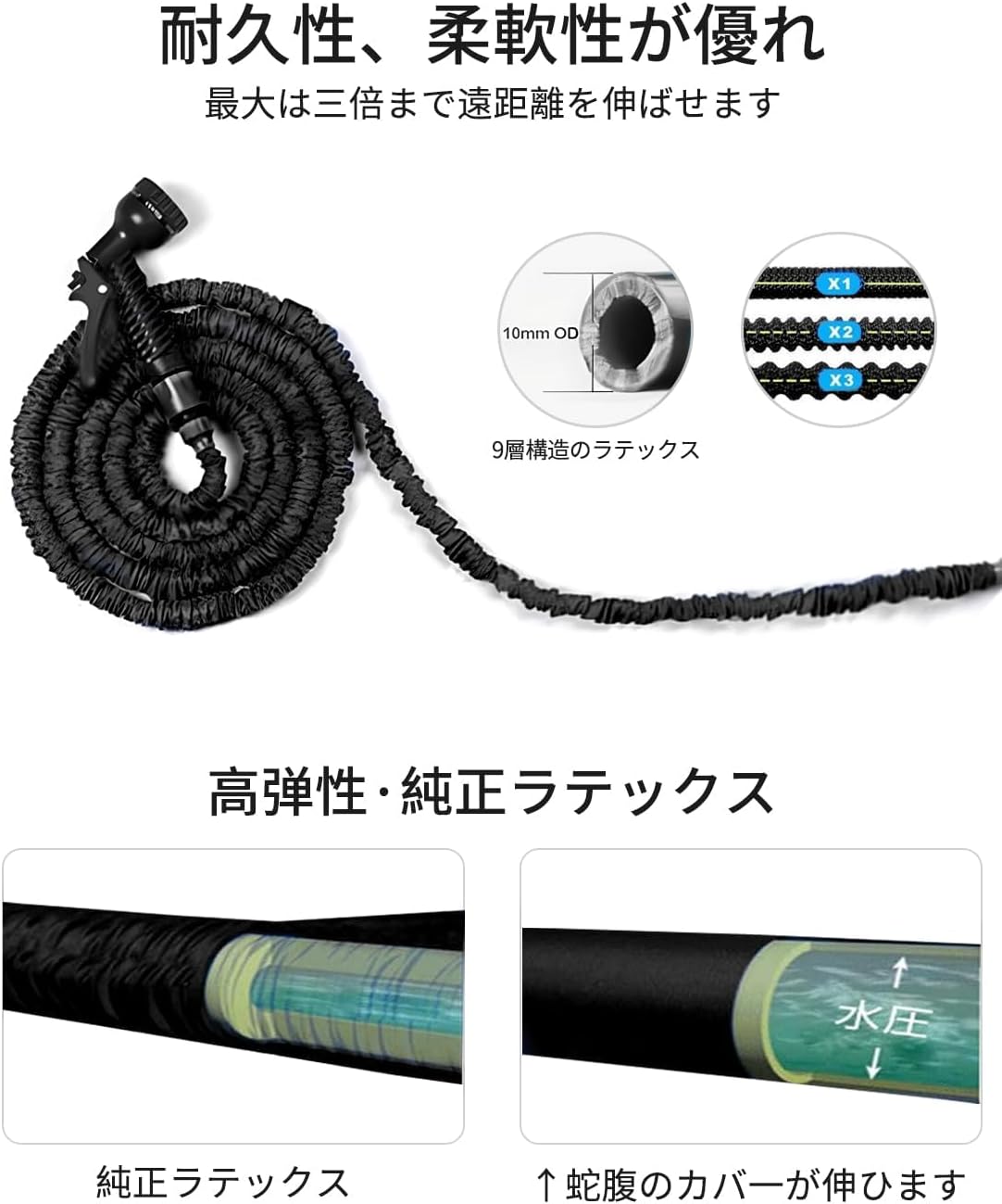 Extendable Hose, Irrigation Hose, Nozzle, Extendable, 49.2 ft (15 m), Stretches 3 Times, Flexible, Elastic, Abrasion Resistant, Ultra Lightweight, Magic, Triple Structure, 7 Patterns, Nozzle Included