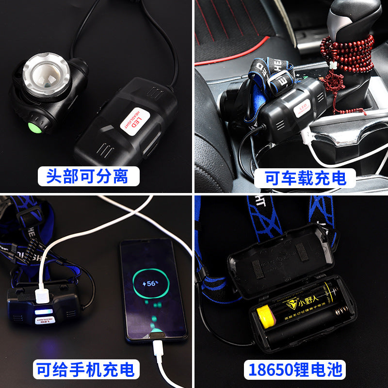 T6 高輝度LEDヘッドライト ズーム式・USB充電・長寿命｜釣り・キャンプ・アウトドア用ヘッドランプ 暗闇を強力に照らす、アウトドア必携の高性能ヘッドライト。 T6高輝度LED搭載で、キャンプや釣り、登山、夜間作業まで幅広く活躍。 ズーム機能＋USB充電式で、使い勝手と耐久性を両立したプロ仕様モデルです。