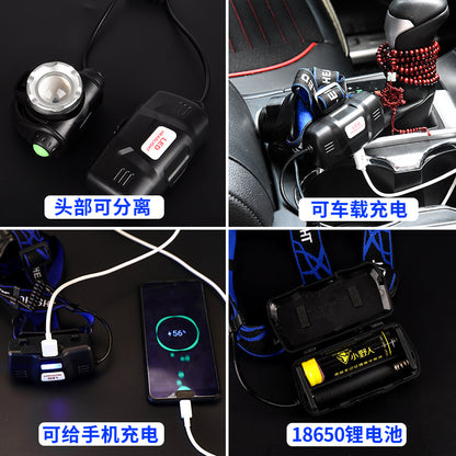 T6 高輝度LEDヘッドライト ズーム式・USB充電・長寿命｜釣り・キャンプ・アウトドア用ヘッドランプ 暗闇を強力に照らす、アウトドア必携の高性能ヘッドライト。 T6高輝度LED搭載で、キャンプや釣り、登山、夜間作業まで幅広く活躍。 ズーム機能＋USB充電式で、使い勝手と耐久性を両立したプロ仕様モデルです。