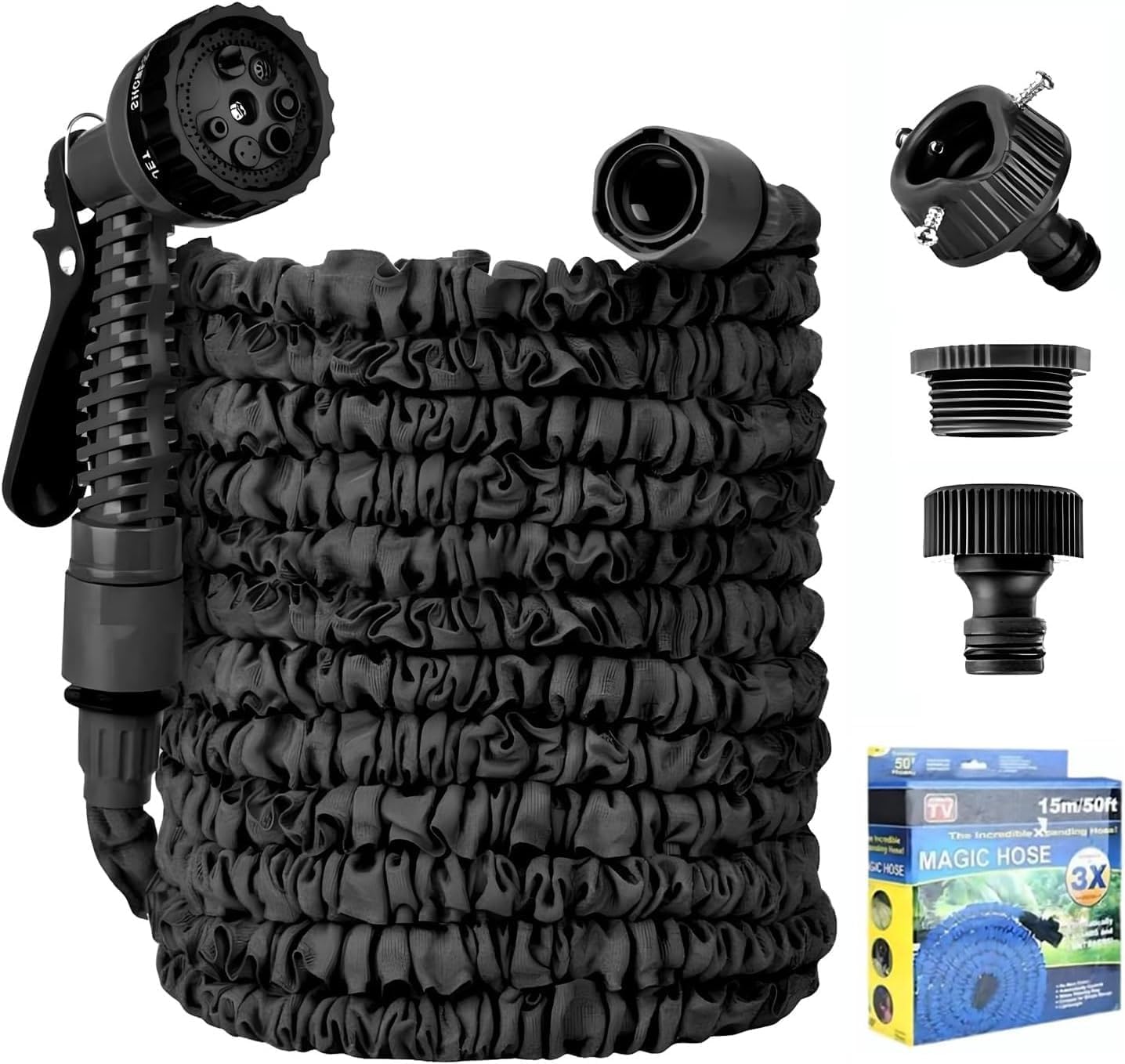 Extendable Hose, Irrigation Hose, Nozzle, Extendable, 49.2 ft (15 m), Stretches 3 Times, Flexible, Elastic, Abrasion Resistant, Ultra Lightweight, Magic, Triple Structure, 7 Patterns, Nozzle Included