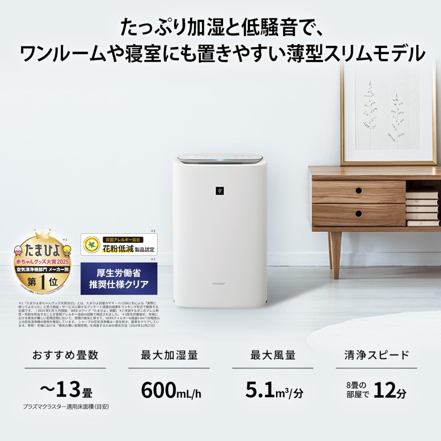 Sharp Air Purifier KC-S50W-W Plasmacluster 7000 Humidification Levitating Virus Pollen Air Purification Recommended Number of Tatami 13 Tatami Amount 16.9 fl oz (500 ml) / h (Amazon.co.jp Limited)