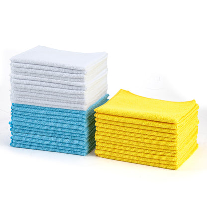 Amazon Basics Microfiber Cleaning Cloths, Thin, Car Wash Wipes, 24 Pack, Blue, White, Yellow, 15.7 x 11.8 inches (40 x 30 cm)