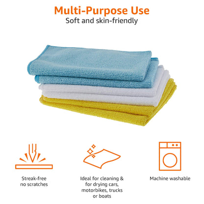 Amazon Basics Microfiber Cleaning Cloths, Thin, Car Wash Wipes, 24 Pack, Blue, White, Yellow, 15.7 x 11.8 inches (40 x 30 cm)