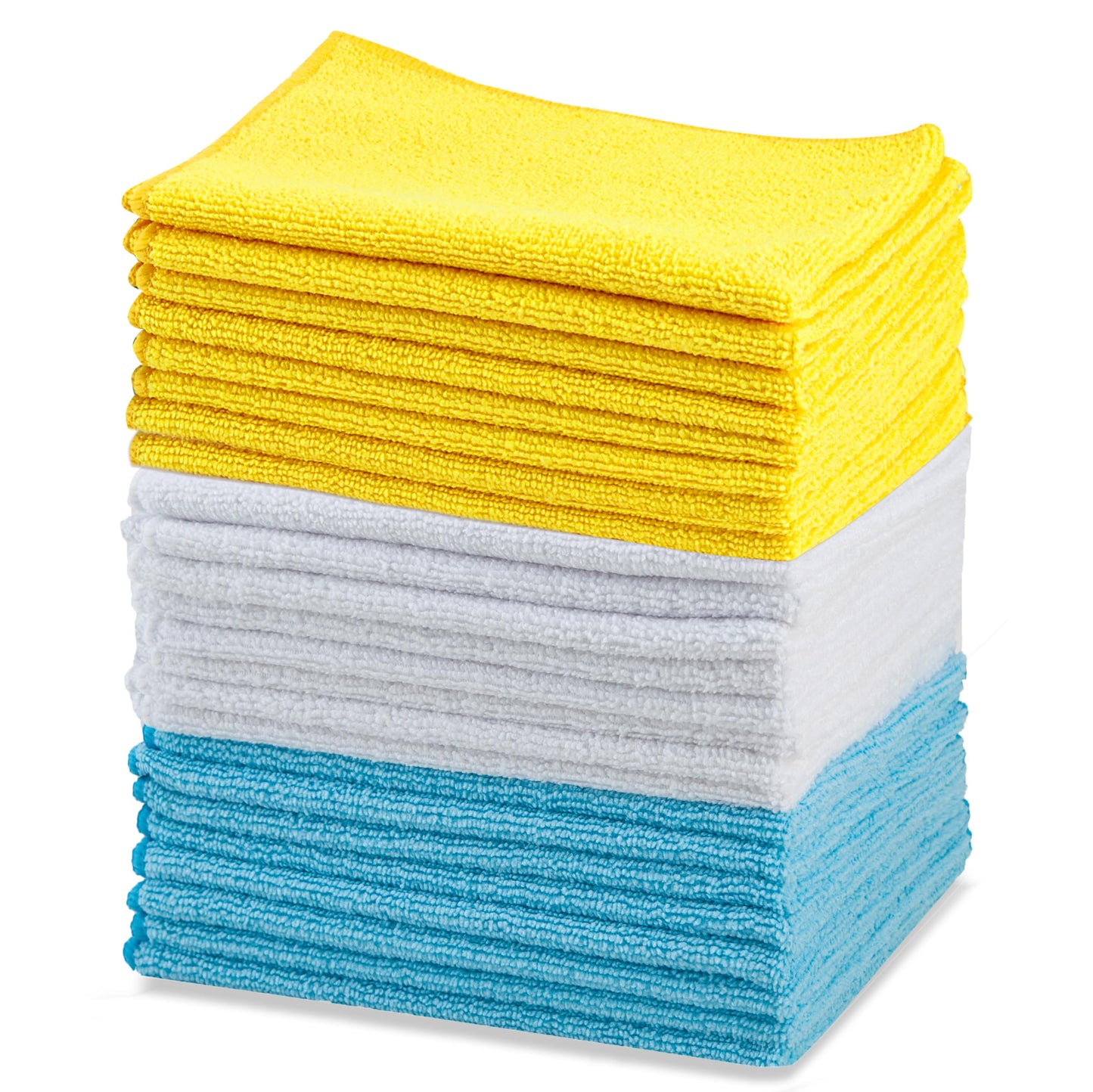 Amazon Basics Microfiber Cleaning Cloths, Thin, Car Wash Wipes, 24 Pack, Blue, White, Yellow, 15.7 x 11.8 inches (40 x 30 cm)