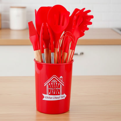 🍳 シリコンキッチンツール11点セット｜木製ハンドル・耐熱シリコン・ノンスティック対応スパチュラ＆スプーンセット（収納バレル付き）