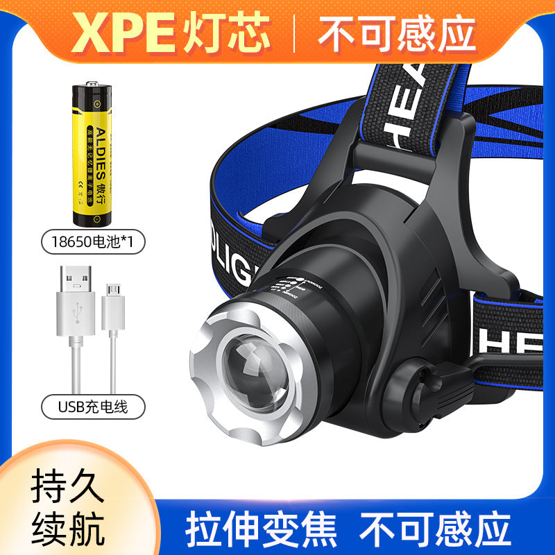 T6 高輝度LEDヘッドライト ズーム式・USB充電・長寿命｜釣り・キャンプ・アウトドア用ヘッドランプ 暗闇を強力に照らす、アウトドア必携の高性能ヘッドライト。 T6高輝度LED搭載で、キャンプや釣り、登山、夜間作業まで幅広く活躍。 ズーム機能＋USB充電式で、使い勝手と耐久性を両立したプロ仕様モデルです。