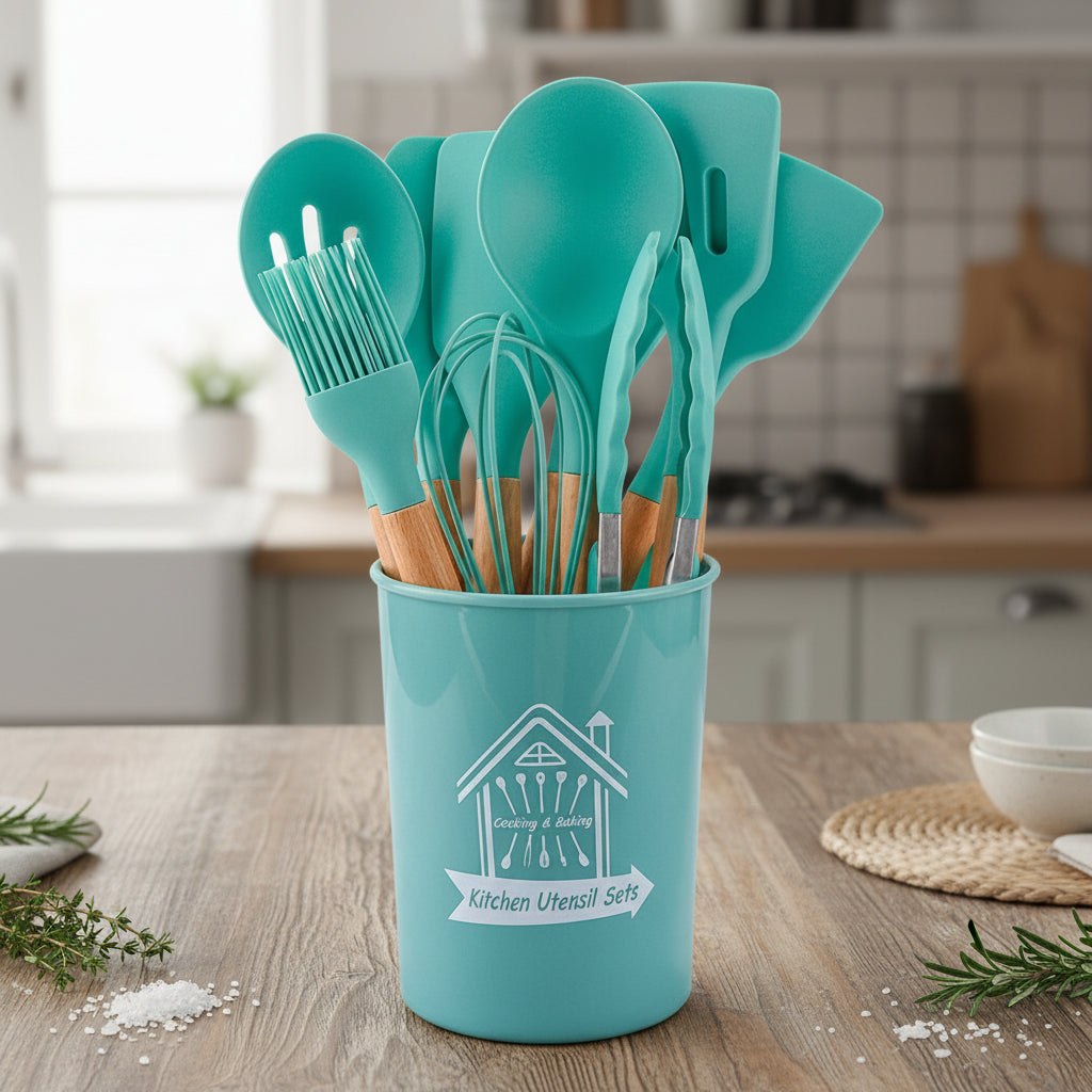 🍳 シリコンキッチンツール11点セット｜木製ハンドル・耐熱シリコン・ノンスティック対応スパチュラ＆スプーンセット（収納バレル付き）