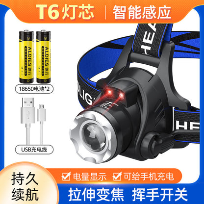 T6 高輝度LEDヘッドライト ズーム式・USB充電・長寿命｜釣り・キャンプ・アウトドア用ヘッドランプ 暗闇を強力に照らす、アウトドア必携の高性能ヘッドライト。 T6高輝度LED搭載で、キャンプや釣り、登山、夜間作業まで幅広く活躍。 ズーム機能＋USB充電式で、使い勝手と耐久性を両立したプロ仕様モデルです。