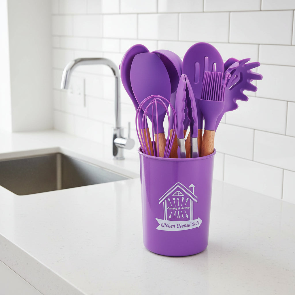 🍳 シリコンキッチンツール11点セット｜木製ハンドル・耐熱シリコン・ノンスティック対応スパチュラ＆スプーンセット（収納バレル付き）