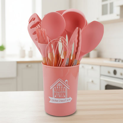 🍳 シリコンキッチンツール11点セット｜木製ハンドル・耐熱シリコン・ノンスティック対応スパチュラ＆スプーンセット（収納バレル付き）