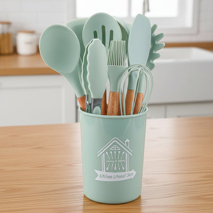 🍳 シリコンキッチンツール11点セット｜木製ハンドル・耐熱シリコン・ノンスティック対応スパチュラ＆スプーンセット（収納バレル付き）