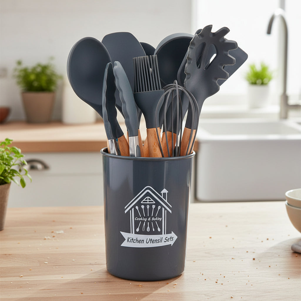 🍳 シリコンキッチンツール11点セット｜木製ハンドル・耐熱シリコン・ノンスティック対応スパチュラ＆スプーンセット（収納バレル付き）