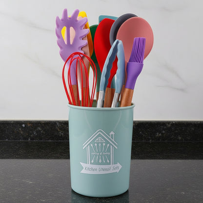 🍳 シリコンキッチンツール11点セット｜木製ハンドル・耐熱シリコン・ノンスティック対応スパチュラ＆スプーンセット（収納バレル付き）