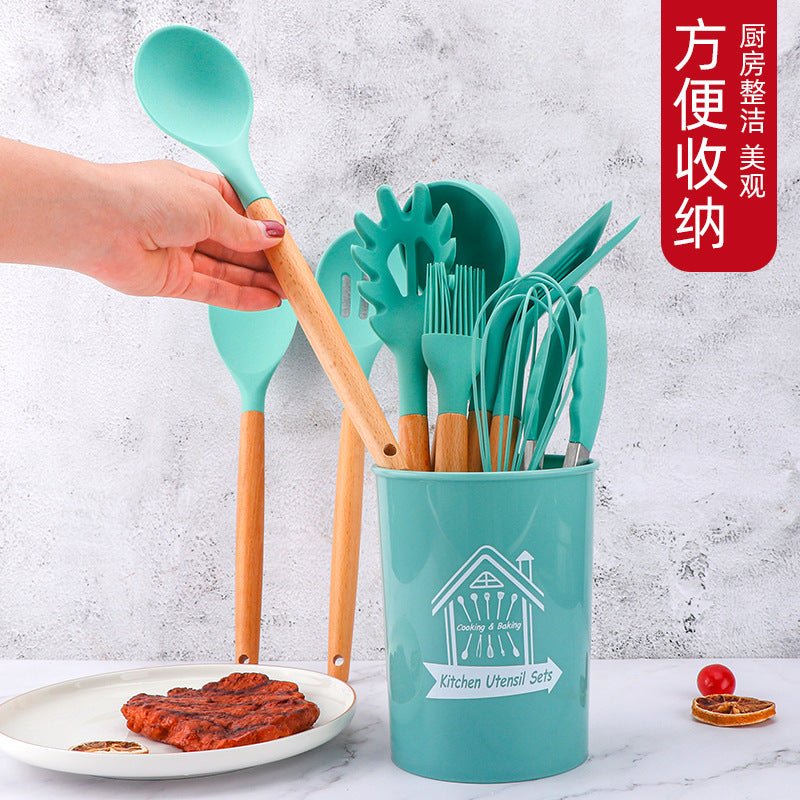 🍳 シリコンキッチンツール11点セット｜木製ハンドル・耐熱シリコン・ノンスティック対応スパチュラ＆スプーンセット（収納バレル付き）