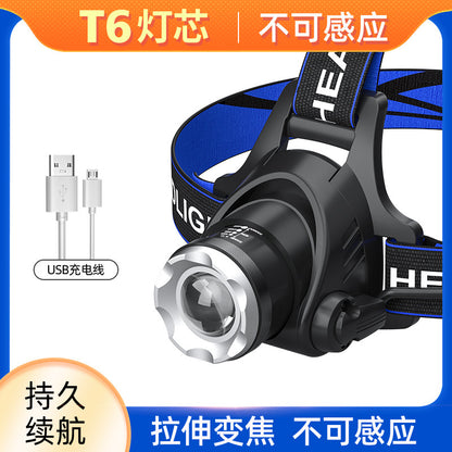 T6 高輝度LEDヘッドライト ズーム式・USB充電・長寿命｜釣り・キャンプ・アウトドア用ヘッドランプ 暗闇を強力に照らす、アウトドア必携の高性能ヘッドライト。 T6高輝度LED搭載で、キャンプや釣り、登山、夜間作業まで幅広く活躍。 ズーム機能＋USB充電式で、使い勝手と耐久性を両立したプロ仕様モデルです。