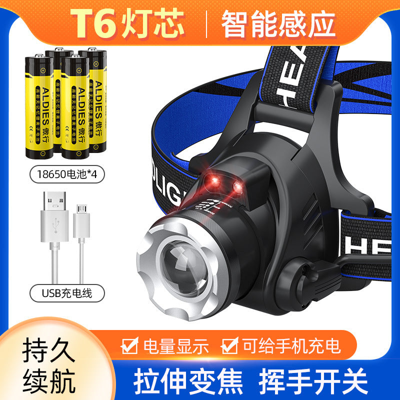 T6 高輝度LEDヘッドライト ズーム式・USB充電・長寿命｜釣り・キャンプ・アウトドア用ヘッドランプ 暗闇を強力に照らす、アウトドア必携の高性能ヘッドライト。 T6高輝度LED搭載で、キャンプや釣り、登山、夜間作業まで幅広く活躍。 ズーム機能＋USB充電式で、使い勝手と耐久性を両立したプロ仕様モデルです。