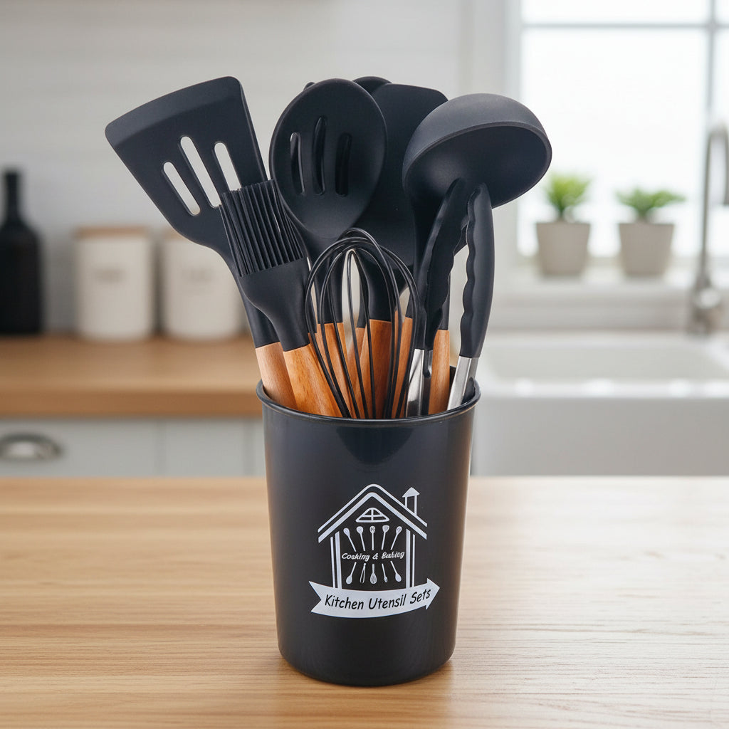 🍳 シリコンキッチンツール11点セット｜木製ハンドル・耐熱シリコン・ノンスティック対応スパチュラ＆スプーンセット（収納バレル付き）