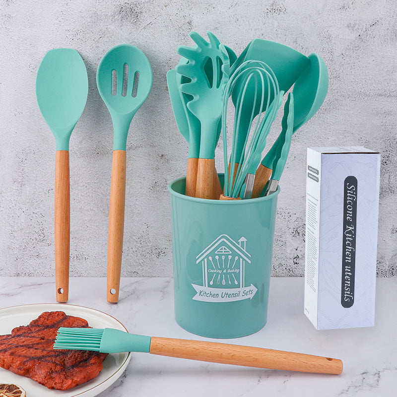 🍳 シリコンキッチンツール11点セット｜木製ハンドル・耐熱シリコン・ノンスティック対応スパチュラ＆スプーンセット（収納バレル付き）