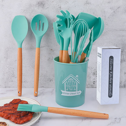 🍳 シリコンキッチンツール11点セット｜木製ハンドル・耐熱シリコン・ノンスティック対応スパチュラ＆スプーンセット（収納バレル付き）