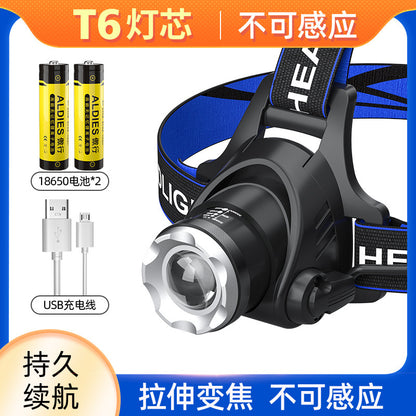 T6 高輝度LEDヘッドライト ズーム式・USB充電・長寿命｜釣り・キャンプ・アウトドア用ヘッドランプ 暗闇を強力に照らす、アウトドア必携の高性能ヘッドライト。 T6高輝度LED搭載で、キャンプや釣り、登山、夜間作業まで幅広く活躍。 ズーム機能＋USB充電式で、使い勝手と耐久性を両立したプロ仕様モデルです。